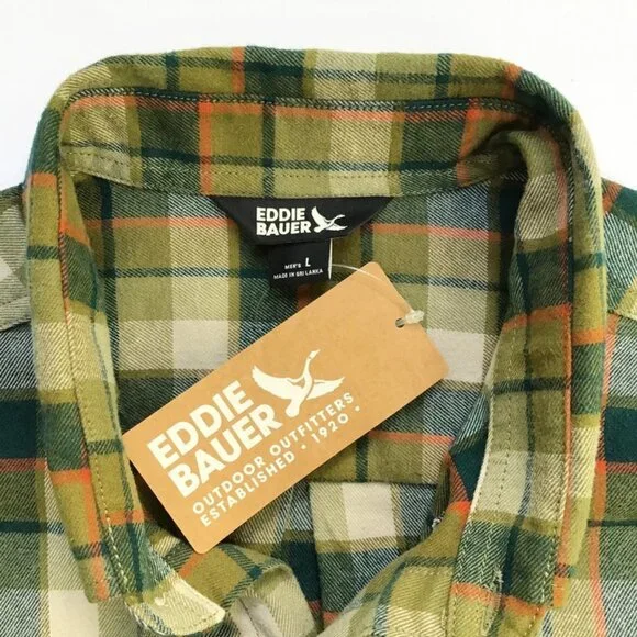 Eddie Bauer Mens Field Flannel Shirt L Green Plaid 100% Cotton Button Down L/S - Picture 4 of 8